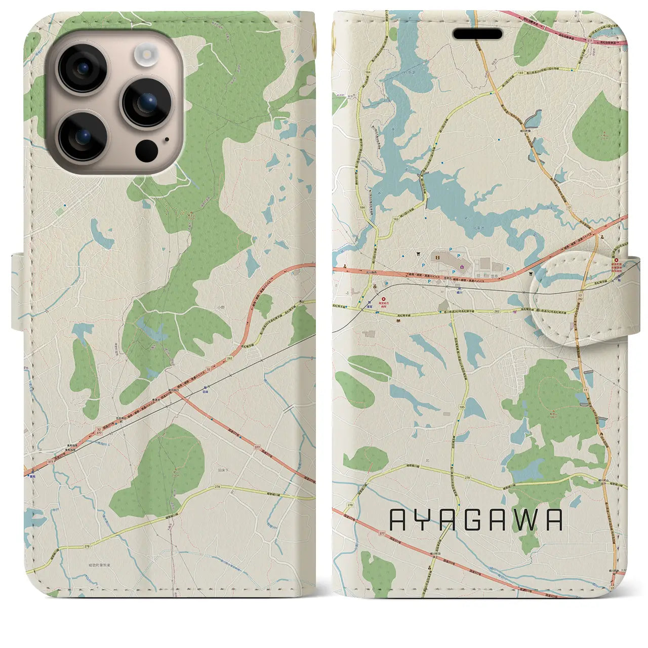 【綾川(香川県)】地図柄iPhoneケース(手帳タイプ)ナチュラル・iPhone 16 Plus 用