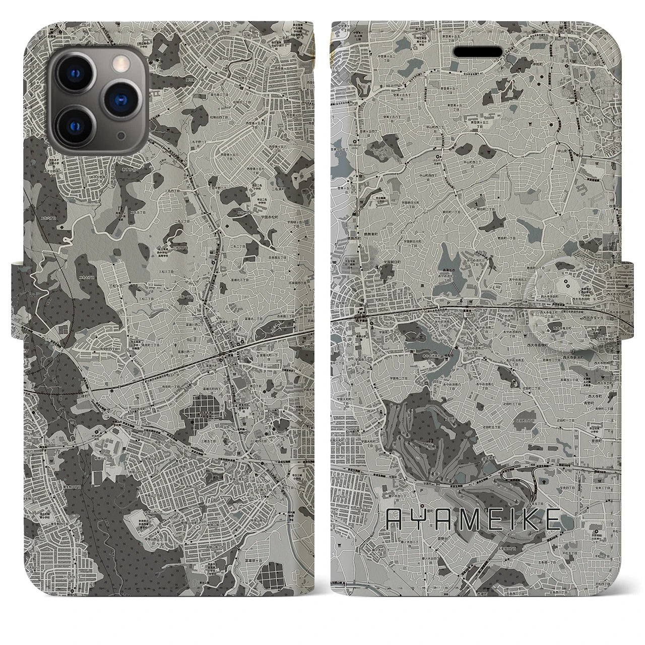 【菖蒲池(奈良県)】地図柄iPhoneケース(手帳タイプ)モノトーン・iPhone 11 Pro Max 用