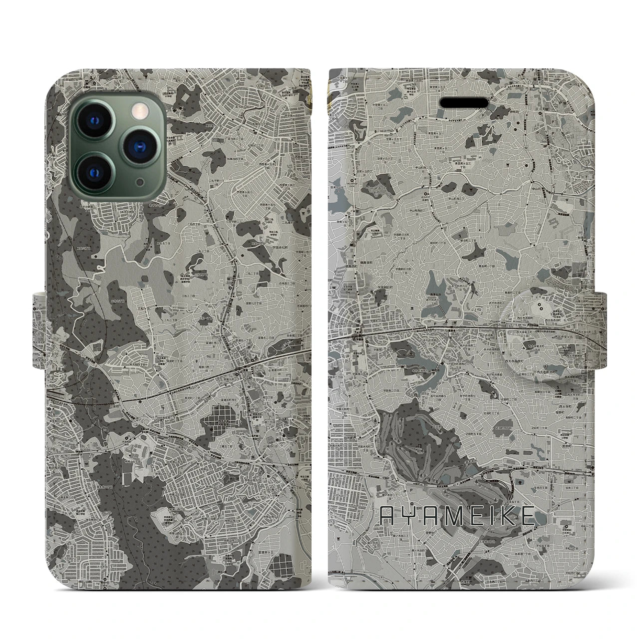 【菖蒲池(奈良県)】地図柄iPhoneケース(手帳タイプ)モノトーン・iPhone 11 Pro 用