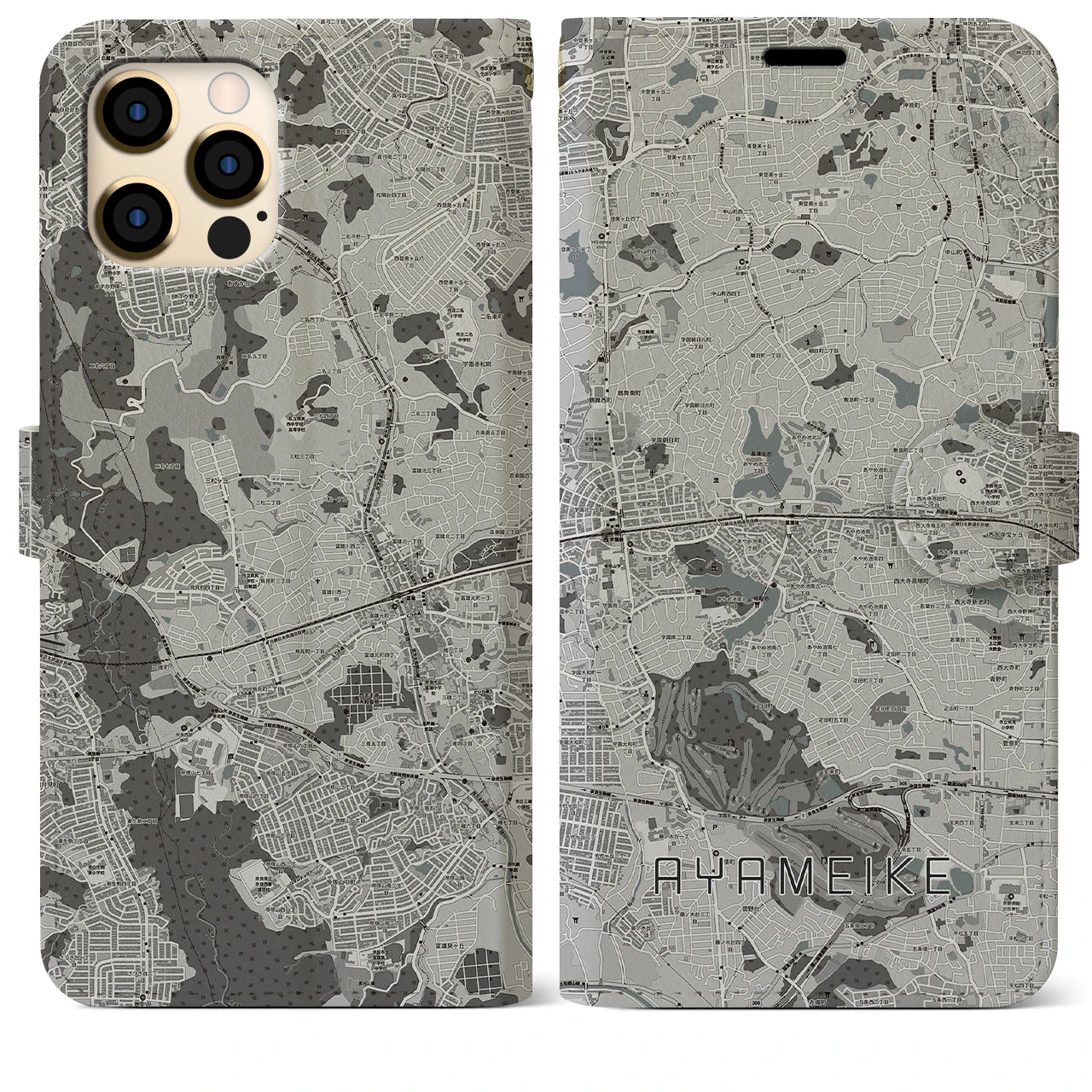 【菖蒲池(奈良県)】地図柄iPhoneケース(手帳タイプ)モノトーン・iPhone 12 Pro Max 用