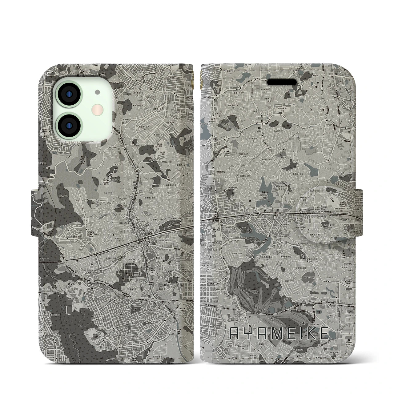 【菖蒲池(奈良県)】地図柄iPhoneケース(手帳タイプ)モノトーン・iPhone 12 mini 用