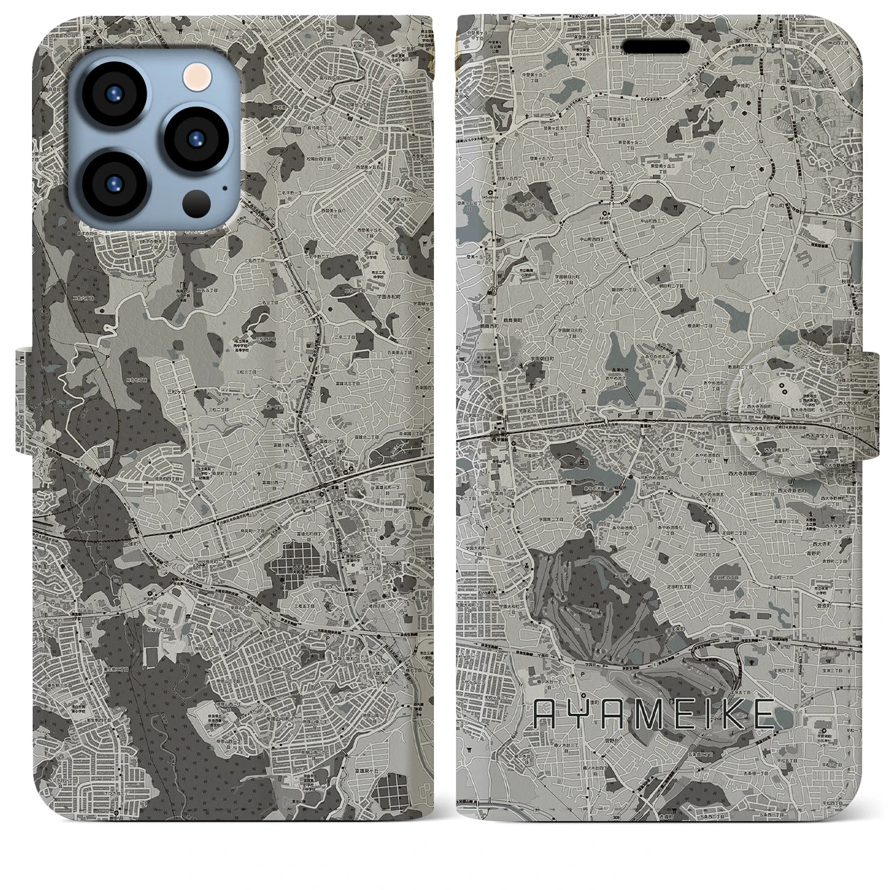 【菖蒲池(奈良県)】地図柄iPhoneケース(手帳タイプ)モノトーン・iPhone 13 Pro Max 用