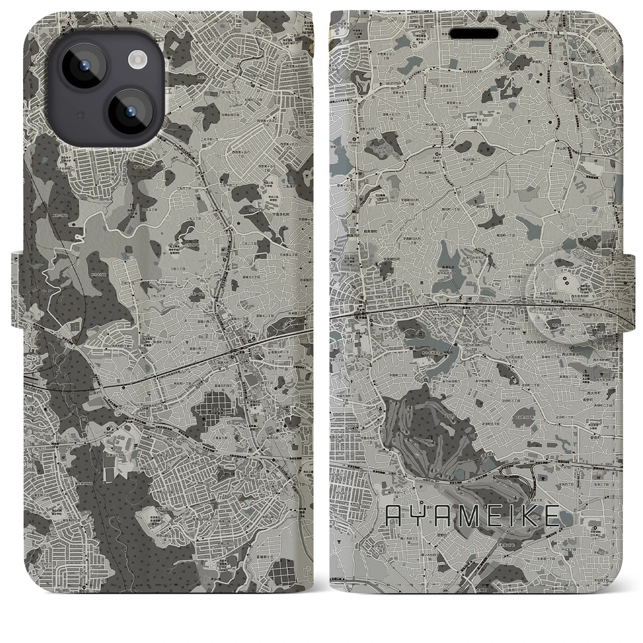 【菖蒲池(奈良県)】地図柄iPhoneケース(手帳タイプ)モノトーン・iPhone 14 Plus 用