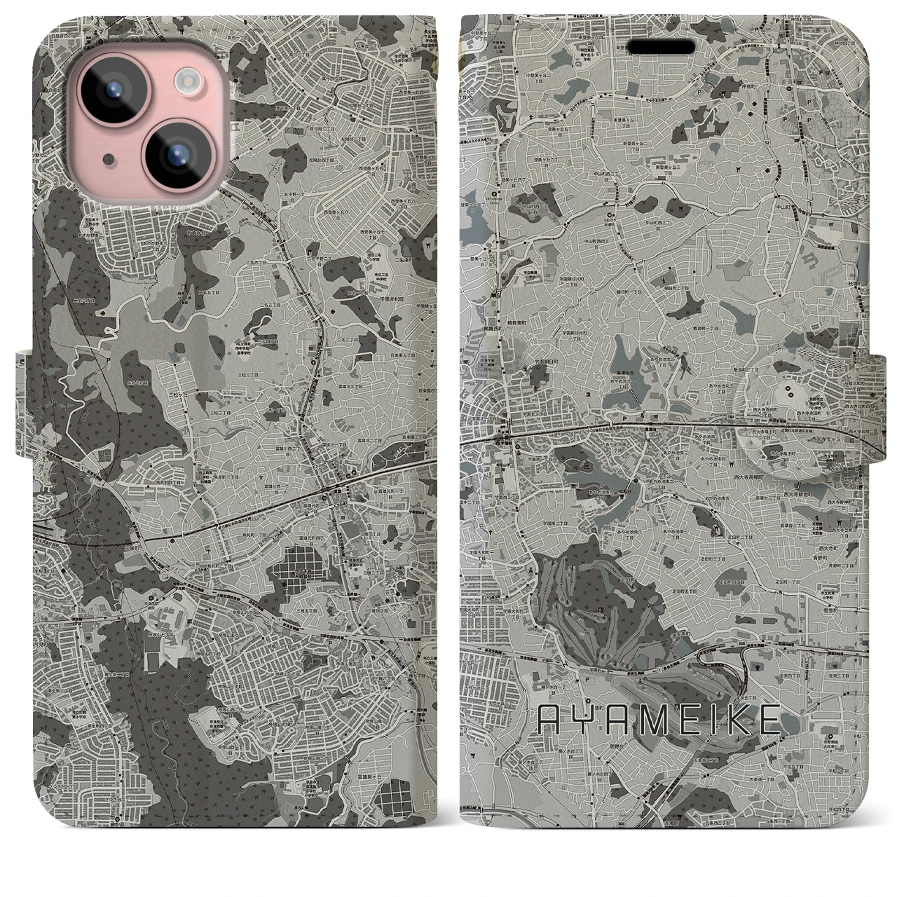 【菖蒲池(奈良県)】地図柄iPhoneケース(手帳タイプ)モノトーン・iPhone 15 Plus 用