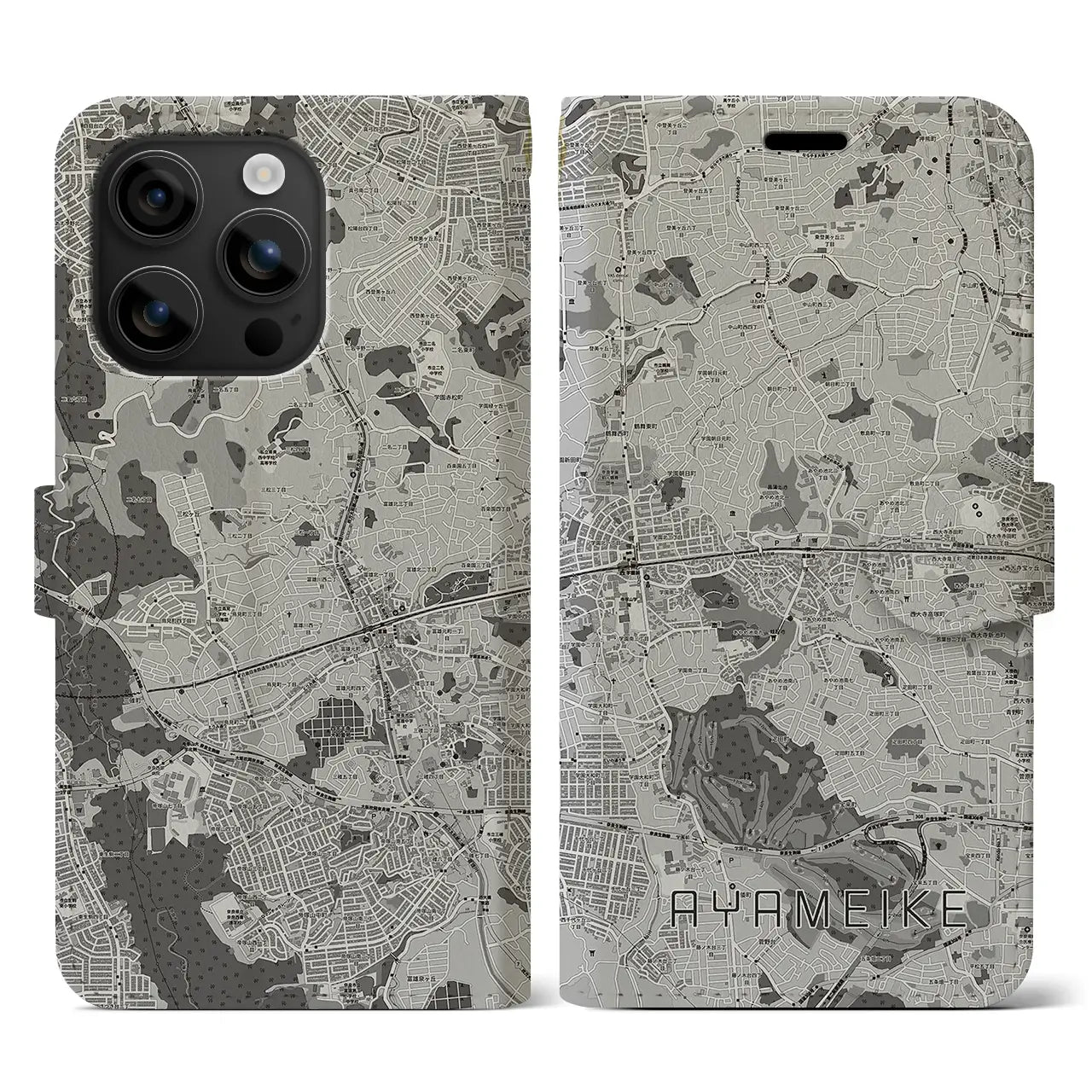 【菖蒲池(奈良県)】地図柄iPhoneケース(手帳タイプ)モノトーン・iPhone 16 用