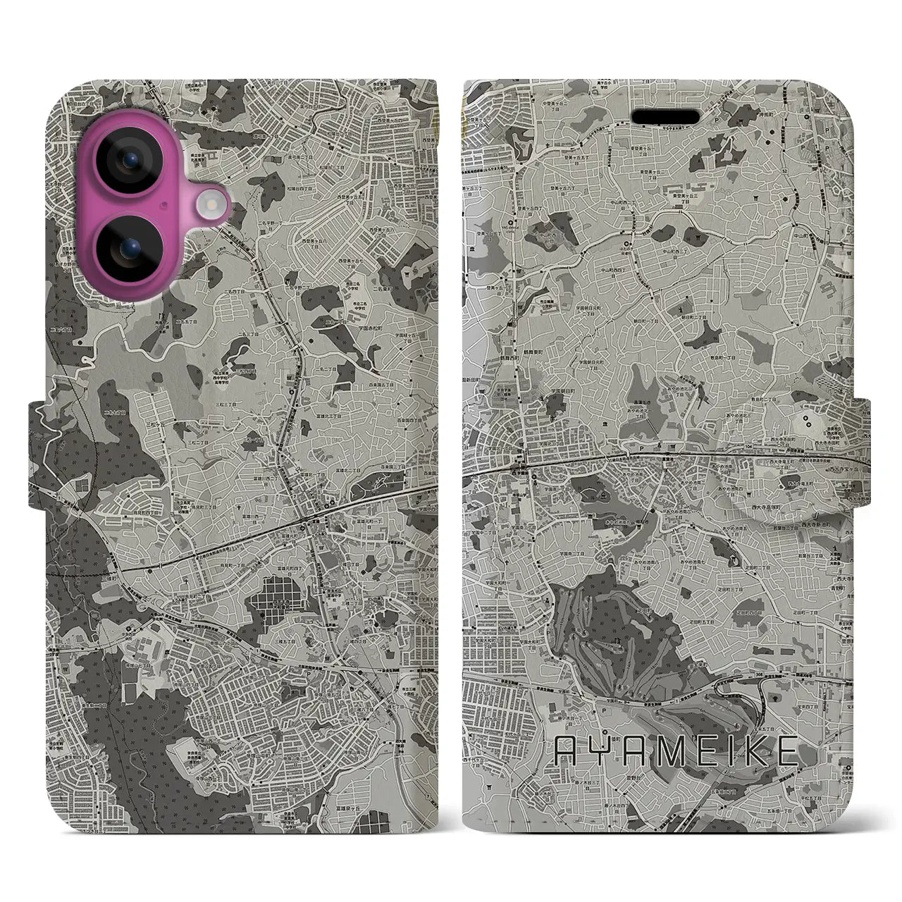 【菖蒲池(奈良県)】地図柄iPhoneケース(手帳タイプ)モノトーン・iPhone 16 Pro 用