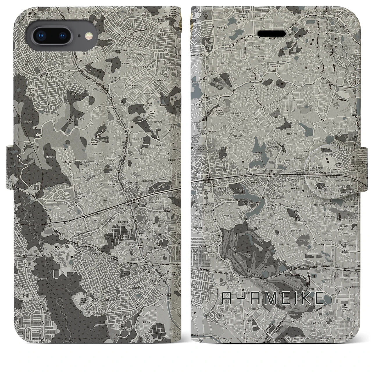 【菖蒲池(奈良県)】地図柄iPhoneケース(手帳タイプ)モノトーン・iPhone 8Plus /7Plus / 6sPlus / 6Plus 用