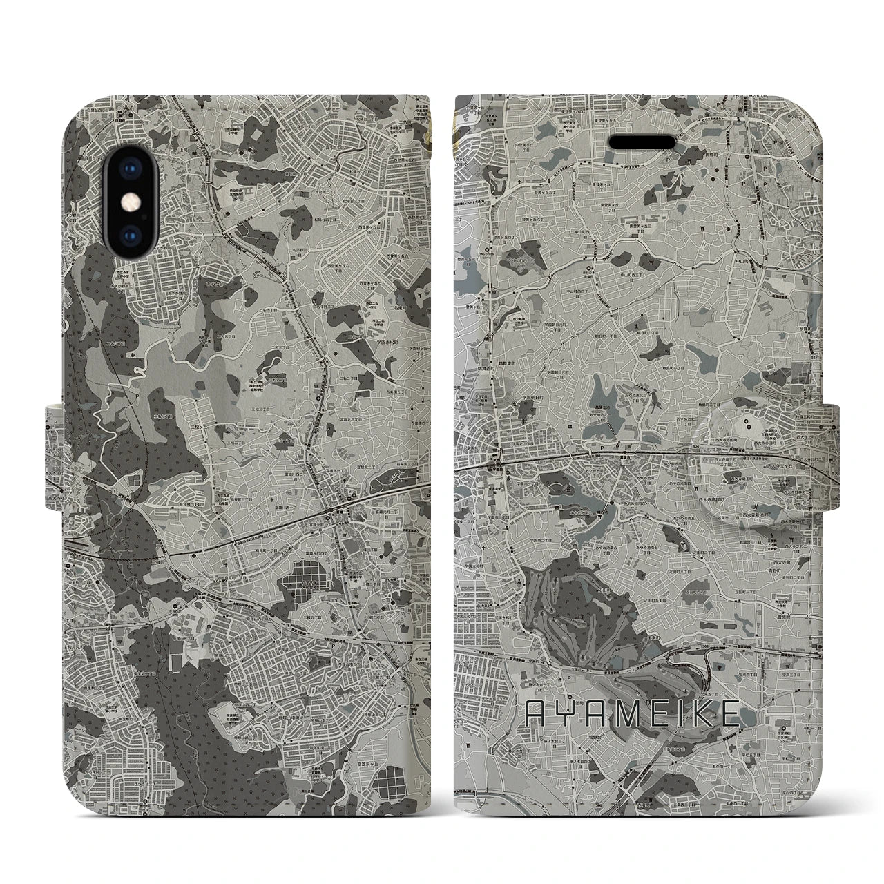 【菖蒲池(奈良県)】地図柄iPhoneケース(手帳タイプ)モノトーン・iPhone XS / X 用