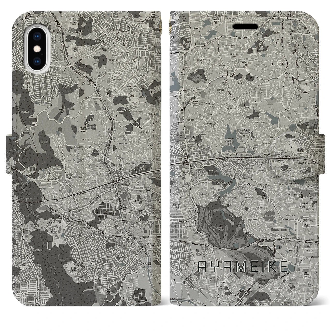 【菖蒲池(奈良県)】地図柄iPhoneケース(手帳タイプ)モノトーン・iPhone XS Max 用