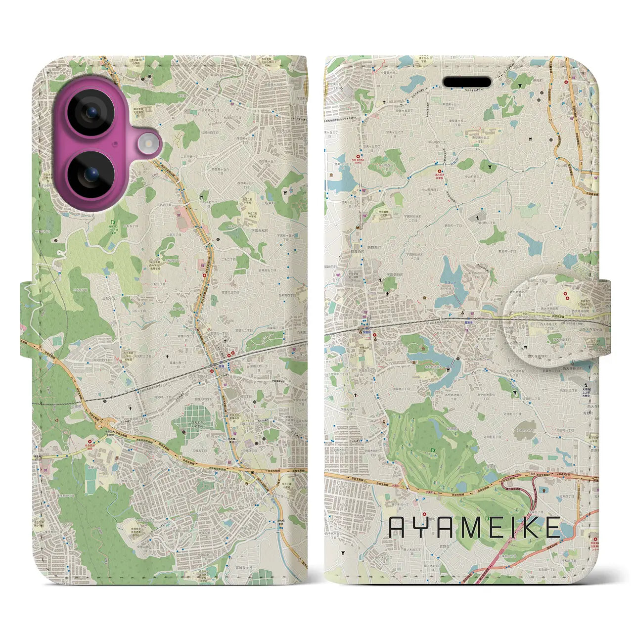 【菖蒲池(奈良県)】地図柄iPhoneケース(手帳タイプ)ナチュラル・iPhone 16 Pro 用