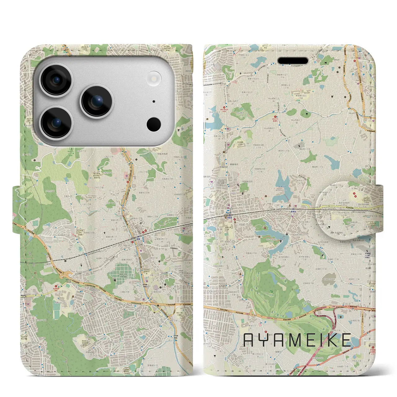 【菖蒲池(奈良県)】地図柄iPhoneケース(手帳タイプ)モノトーン・iPhone 17 Pro Max 用