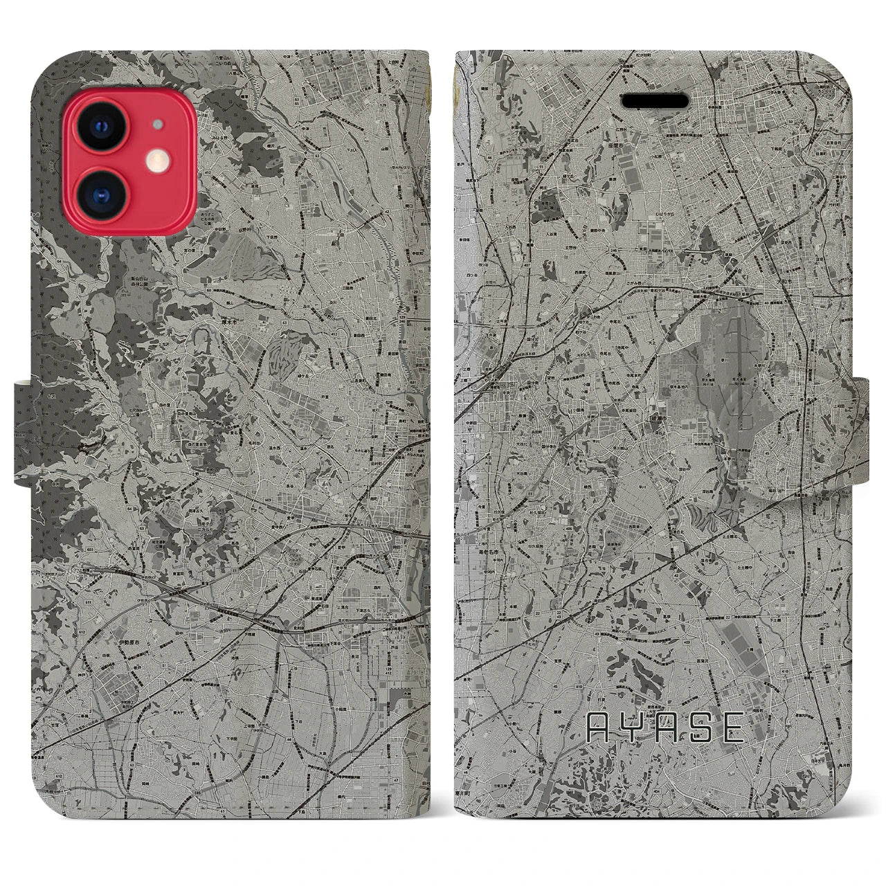 【綾瀬(神奈川県)】地図柄iPhoneケース(手帳タイプ)モノトーン・iPhone 11 用