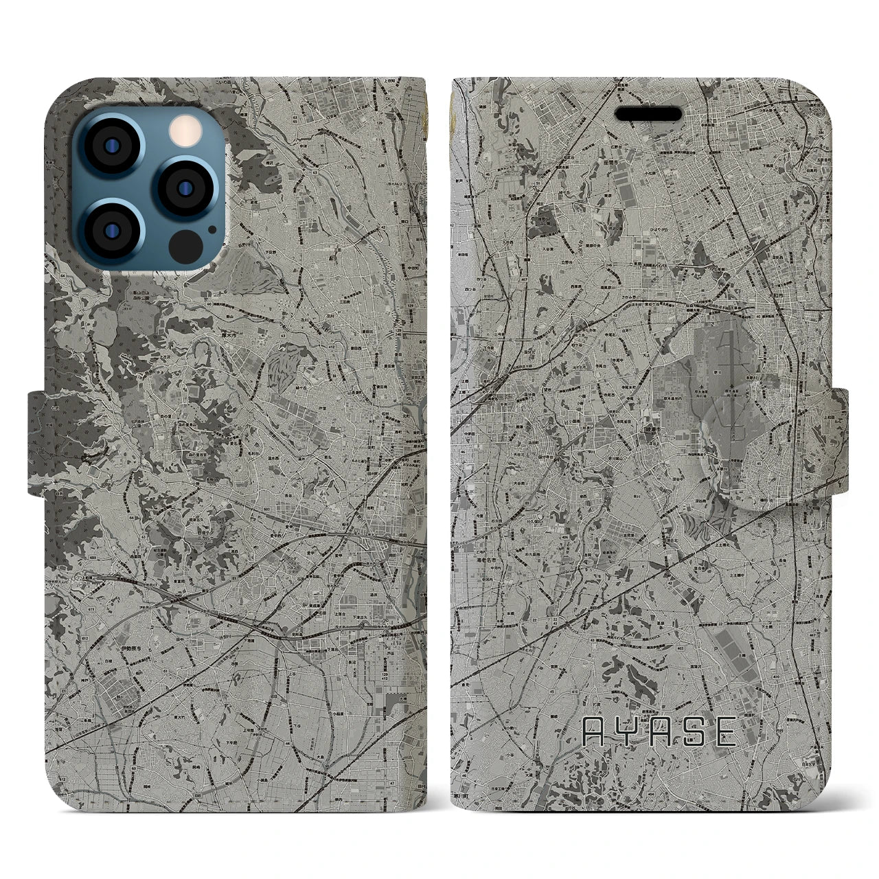 【綾瀬(神奈川県)】地図柄iPhoneケース(手帳タイプ)モノトーン・iPhone 12 / 12 Pro 用