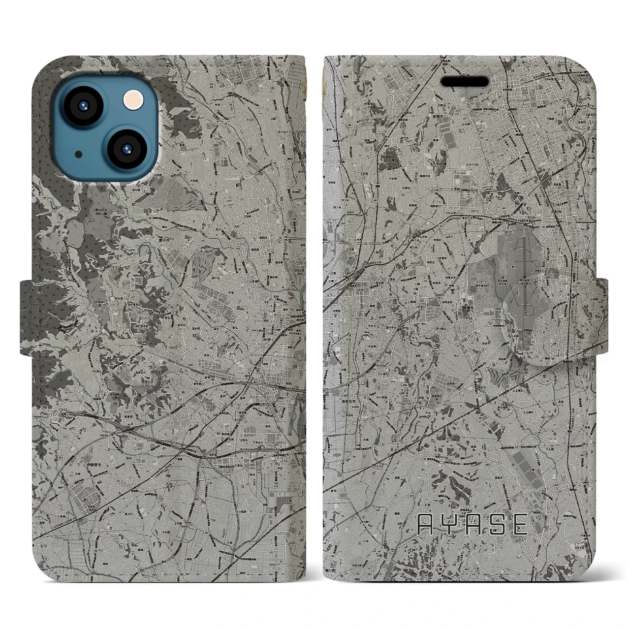 【綾瀬(神奈川県)】地図柄iPhoneケース(手帳タイプ)モノトーン・iPhone 13 用