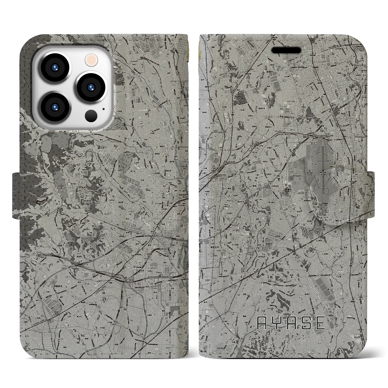 【綾瀬(神奈川県)】地図柄iPhoneケース(手帳タイプ)モノトーン・iPhone 13 Pro 用