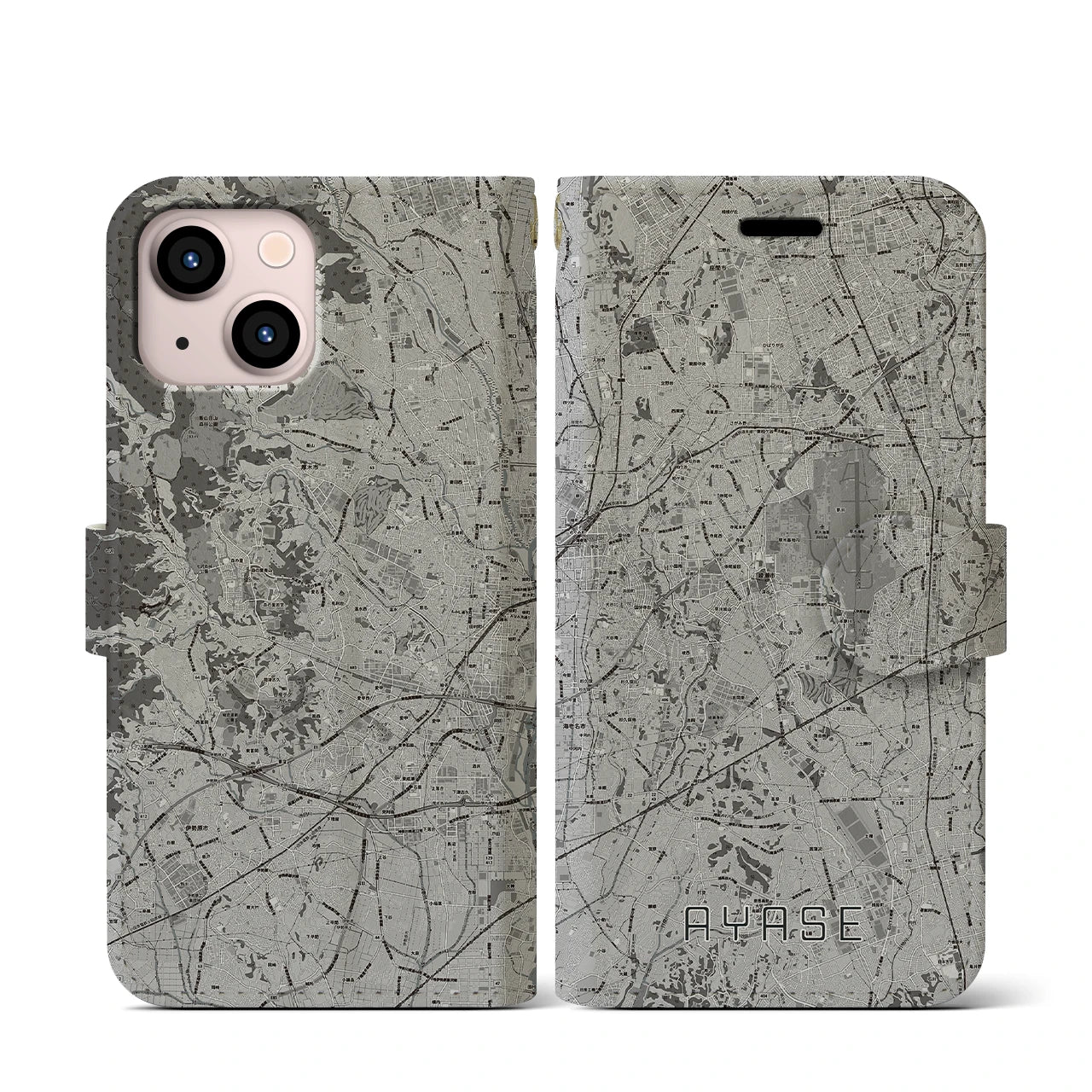 【綾瀬(神奈川県)】地図柄iPhoneケース(手帳タイプ)モノトーン・iPhone 13 mini 用