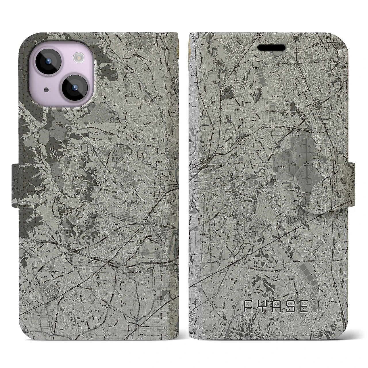 【綾瀬(神奈川県)】地図柄iPhoneケース(手帳タイプ)モノトーン・iPhone 14 用