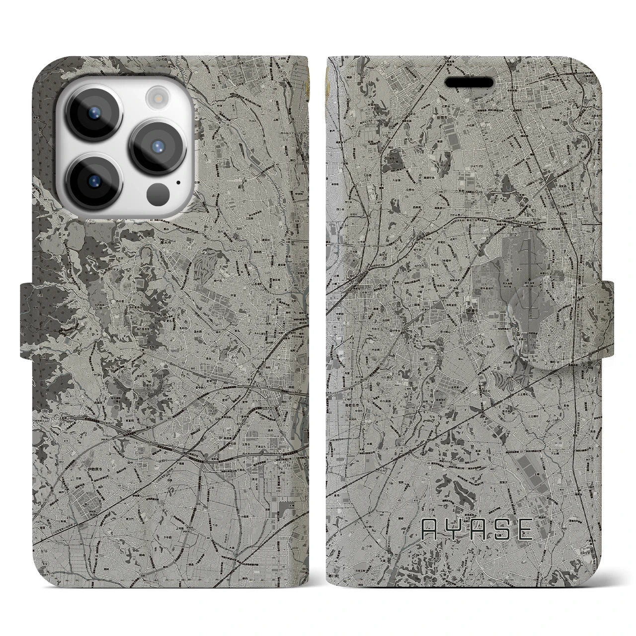 【綾瀬(神奈川県)】地図柄iPhoneケース(手帳タイプ)モノトーン・iPhone 14 Pro 用