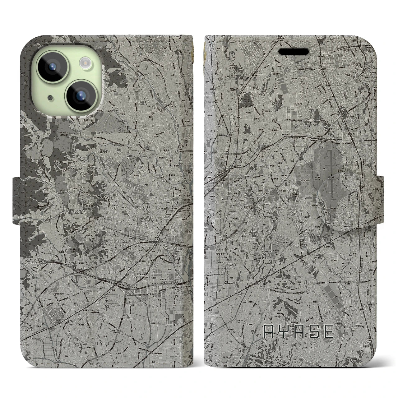 【綾瀬(神奈川県)】地図柄iPhoneケース(手帳タイプ)モノトーン・iPhone 15 用