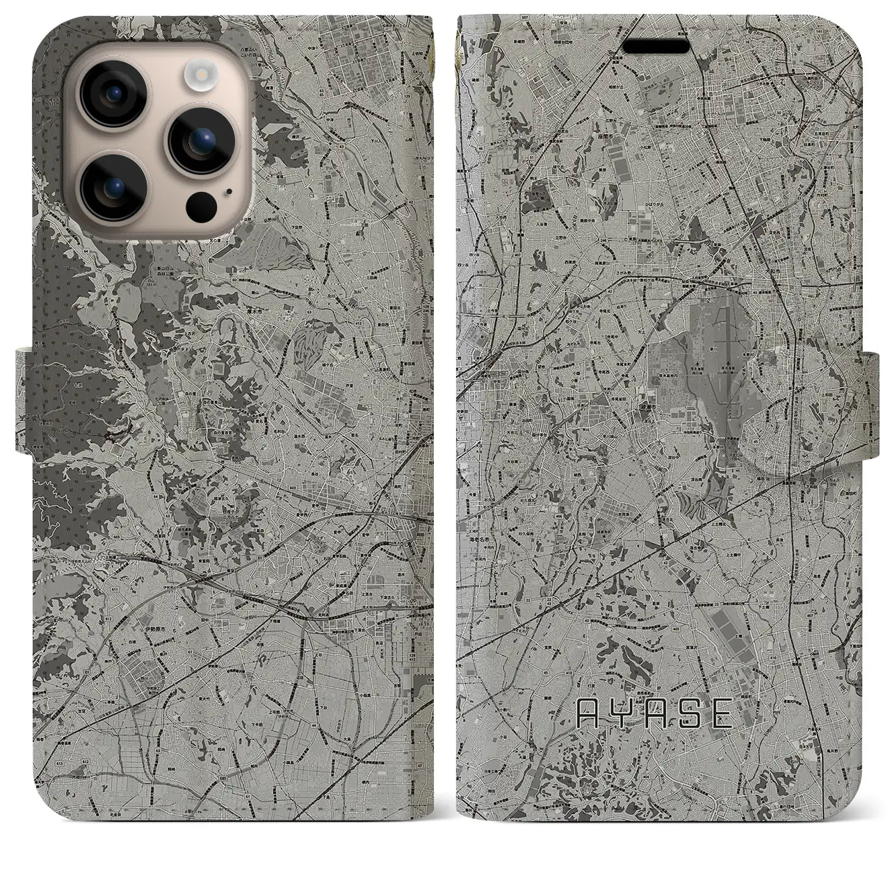 【綾瀬(神奈川県)】地図柄iPhoneケース(手帳タイプ)モノトーン・iPhone 16 Plus 用