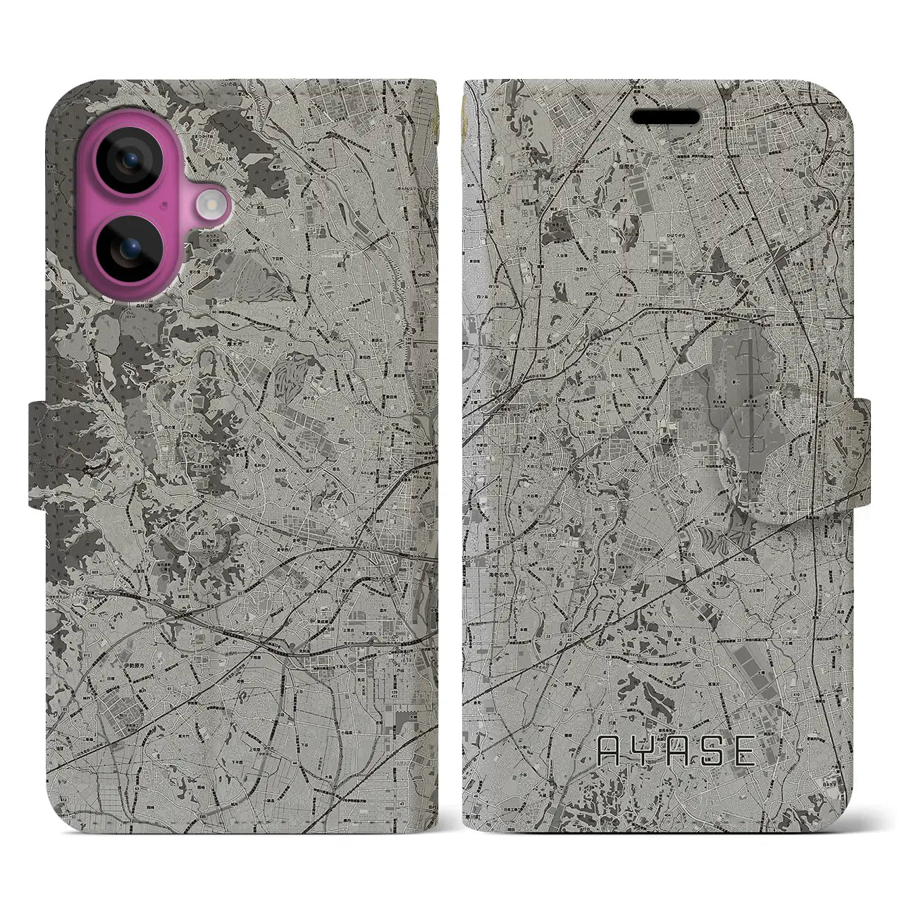 【綾瀬(神奈川県)】地図柄iPhoneケース(手帳タイプ)モノトーン・iPhone 16 Pro 用