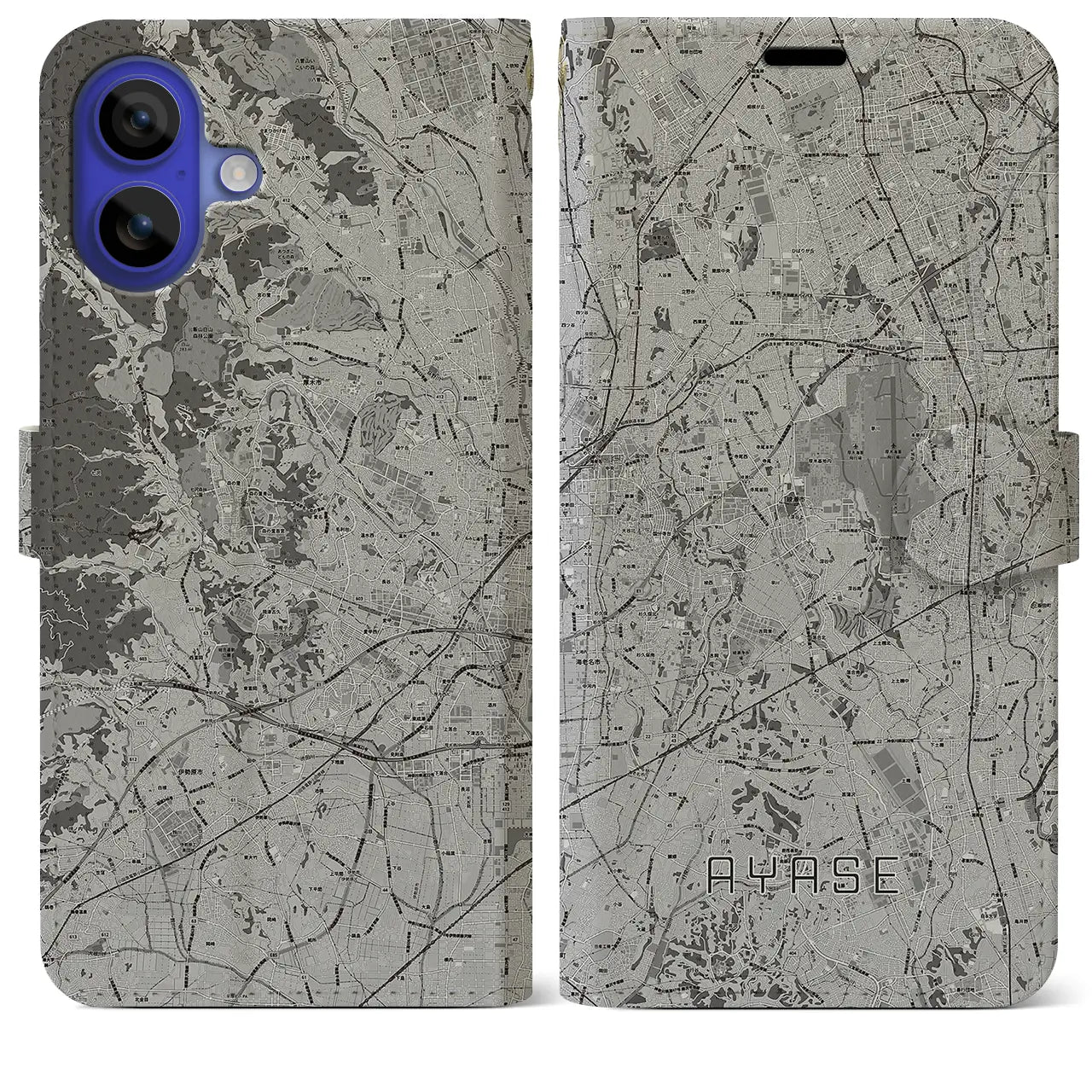 【綾瀬(神奈川県)】地図柄iPhoneケース(手帳タイプ)モノトーン・iPhone 16 Pro Max 用