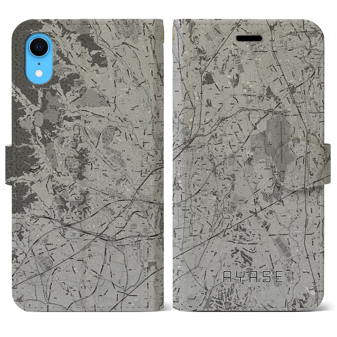 【綾瀬(神奈川県)】地図柄iPhoneケース(手帳タイプ)モノトーン・iPhone XR 用