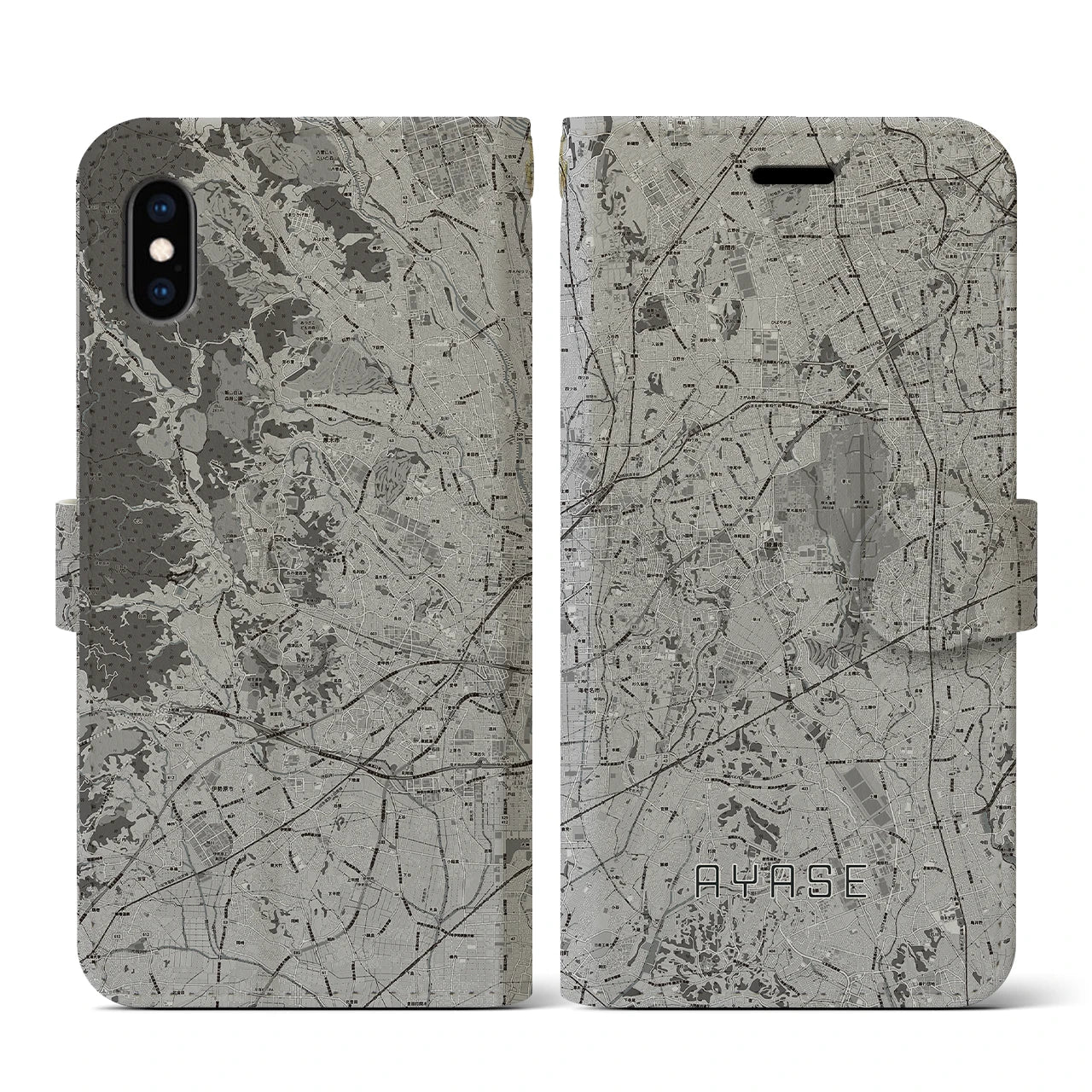 【綾瀬(神奈川県)】地図柄iPhoneケース(手帳タイプ)モノトーン・iPhone XS / X 用