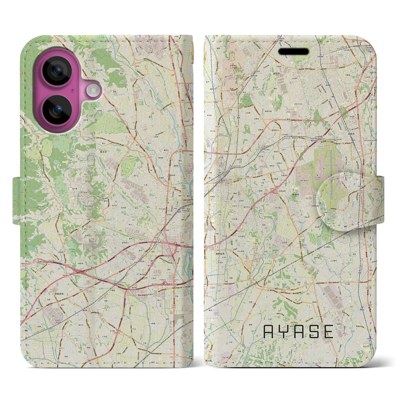 【綾瀬(神奈川県)】地図柄iPhoneケース(手帳タイプ)ナチュラル・iPhone 16 Pro 用