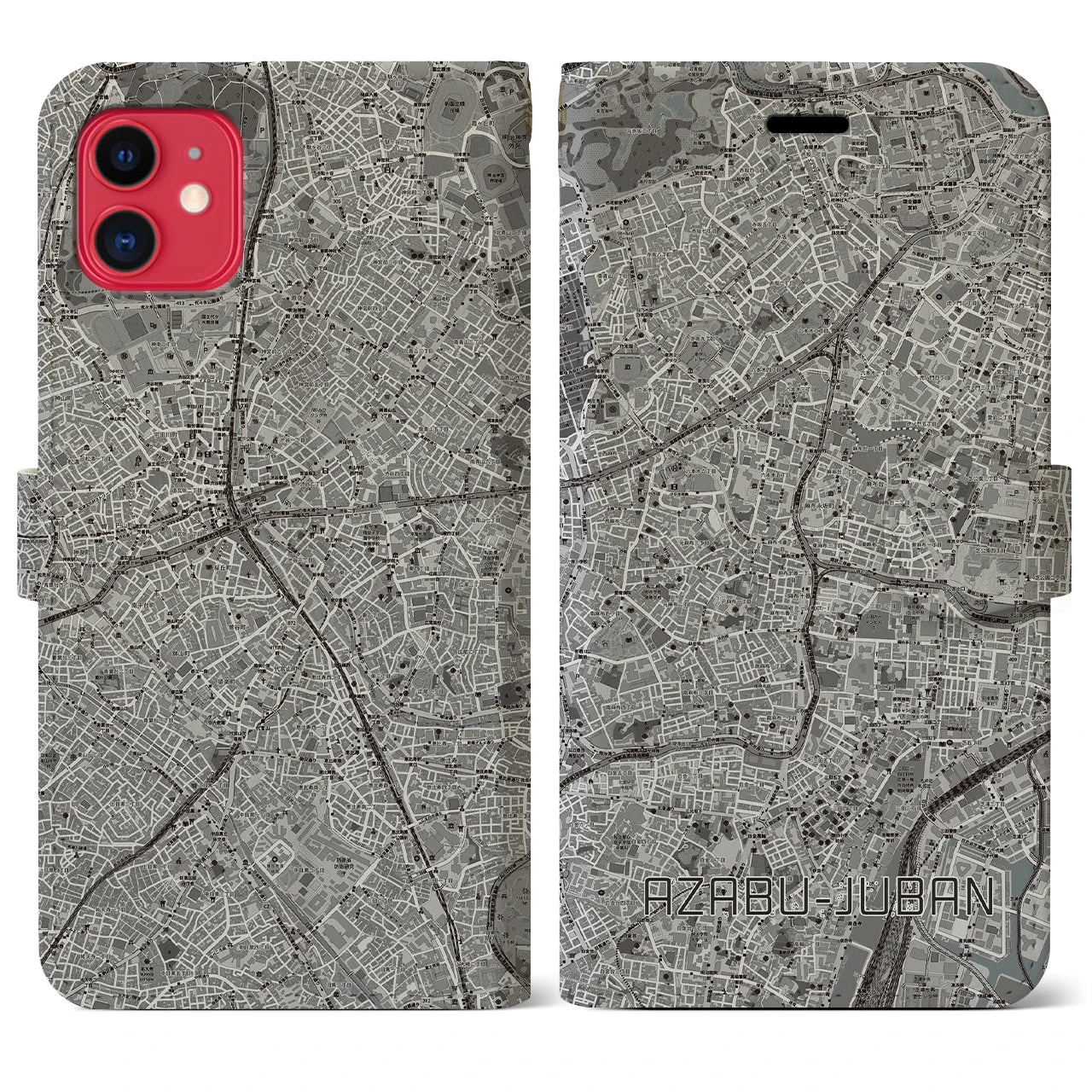 【麻布十番(東京都)】地図柄iPhoneケース(手帳タイプ)モノトーン・iPhone 11 用