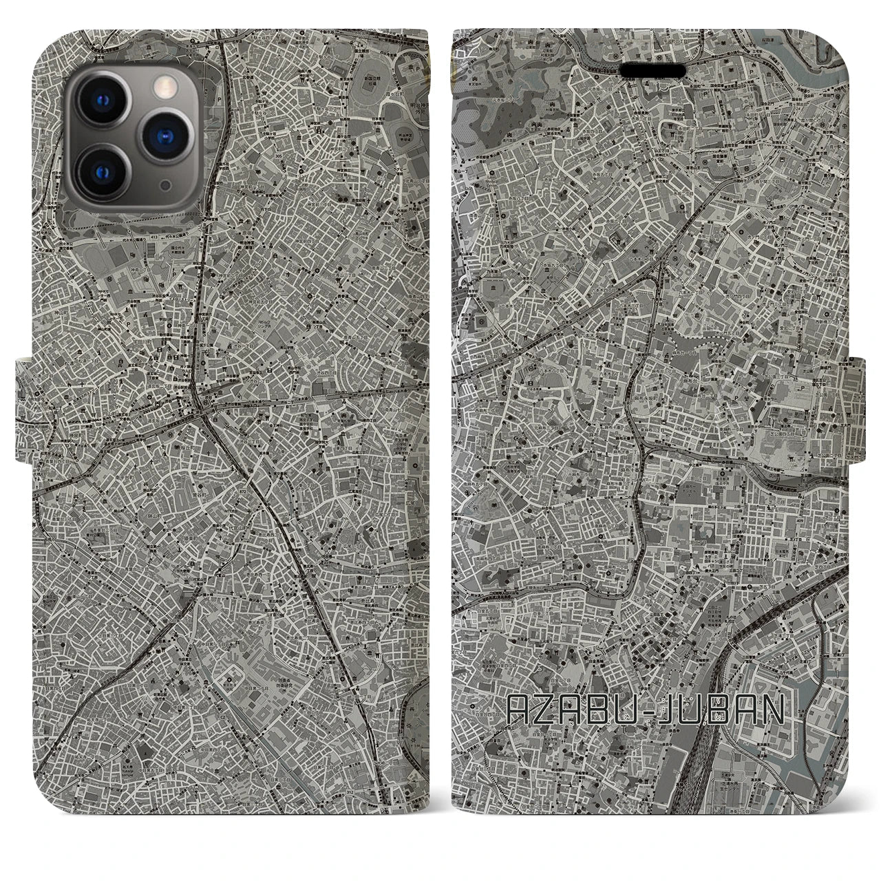 【麻布十番(東京都)】地図柄iPhoneケース(手帳タイプ)モノトーン・iPhone 11 Pro Max 用