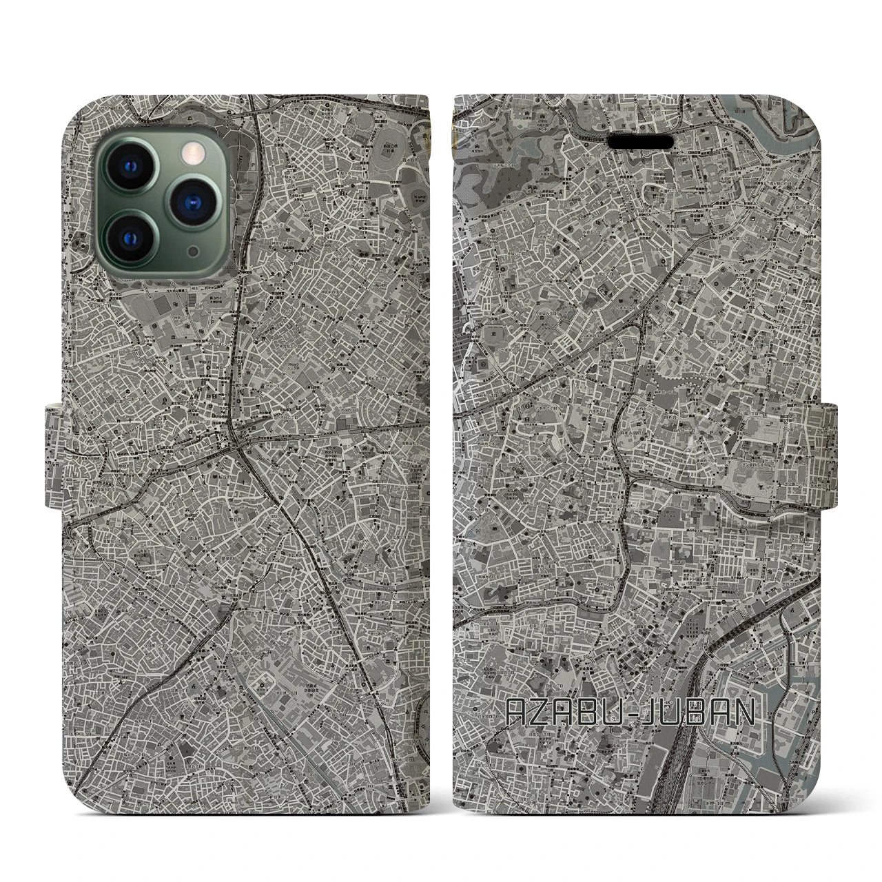 【麻布十番(東京都)】地図柄iPhoneケース(手帳タイプ)モノトーン・iPhone 11 Pro 用