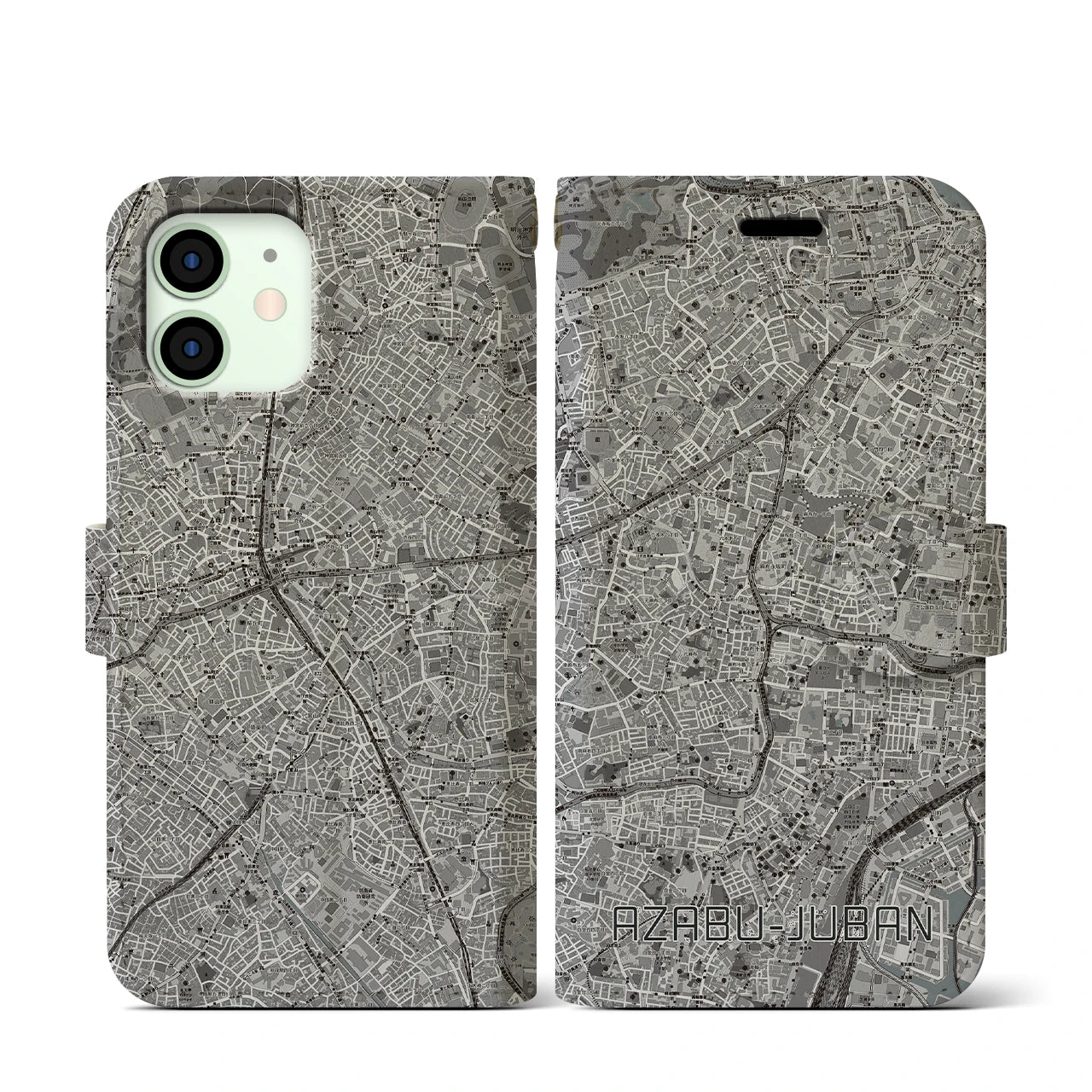 【麻布十番(東京都)】地図柄iPhoneケース(手帳タイプ)モノトーン・iPhone 12 mini 用