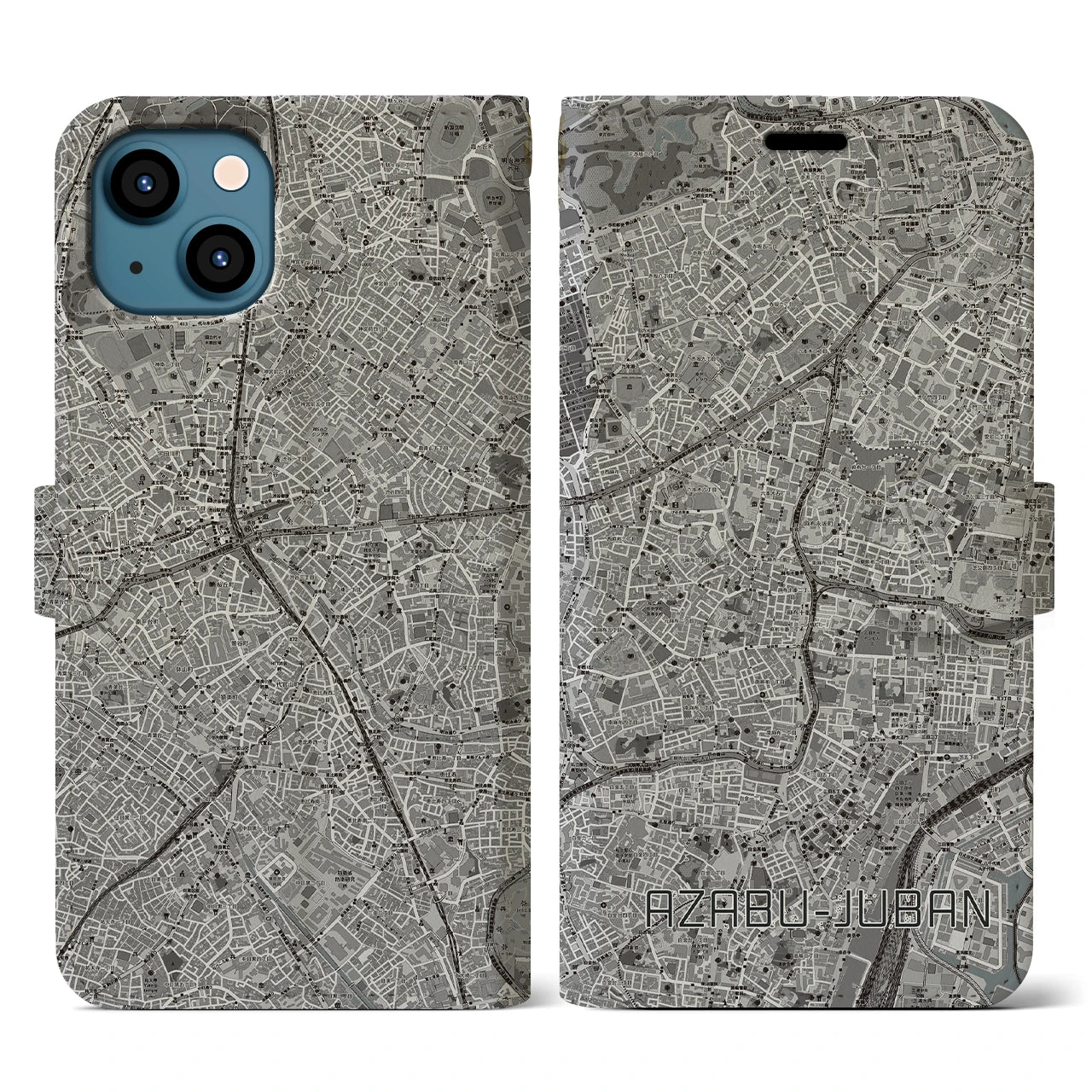 【麻布十番(東京都)】地図柄iPhoneケース(手帳タイプ)モノトーン・iPhone 13 用