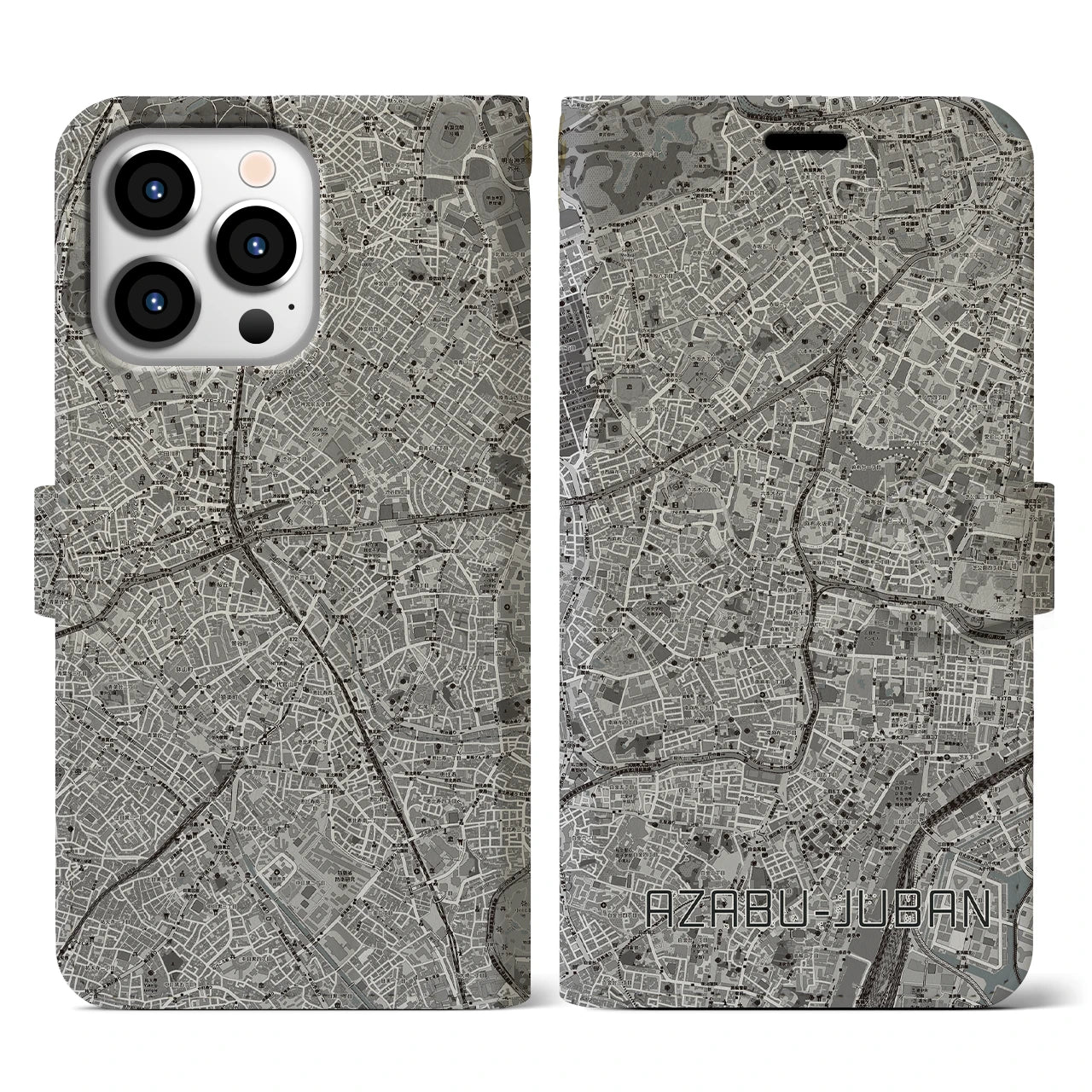 【麻布十番(東京都)】地図柄iPhoneケース(手帳タイプ)モノトーン・iPhone 13 Pro 用