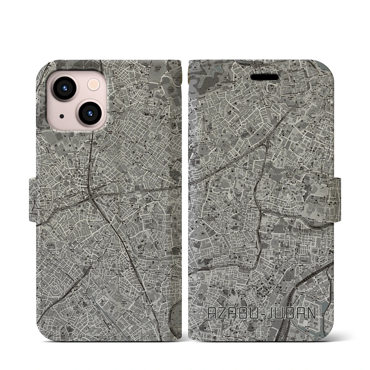 【麻布十番(東京都)】地図柄iPhoneケース(手帳タイプ)モノトーン・iPhone 13 mini 用