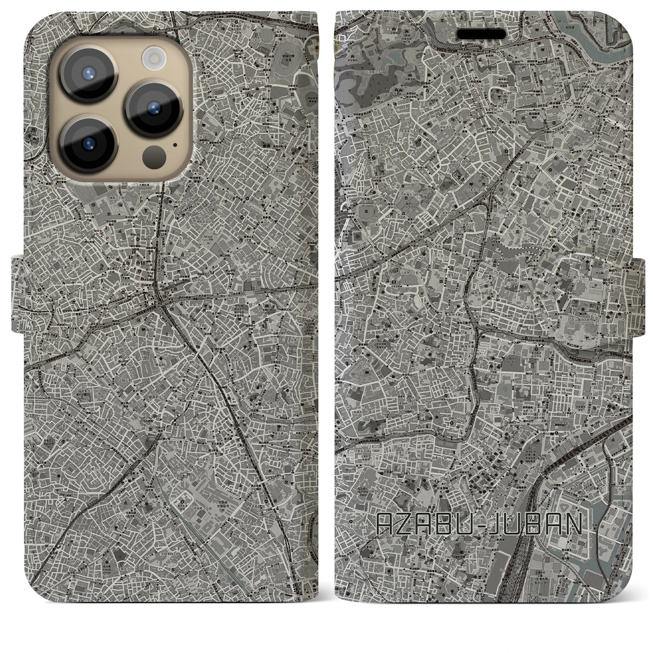 【麻布十番(東京都)】地図柄iPhoneケース(手帳タイプ)モノトーン・iPhone 14 Pro Max 用