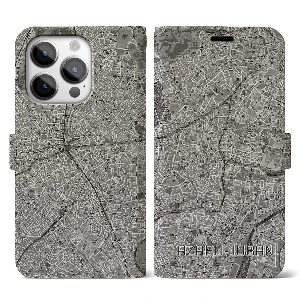 【麻布十番(東京都)】地図柄iPhoneケース(手帳タイプ)モノトーン・iPhone 14 Pro 用