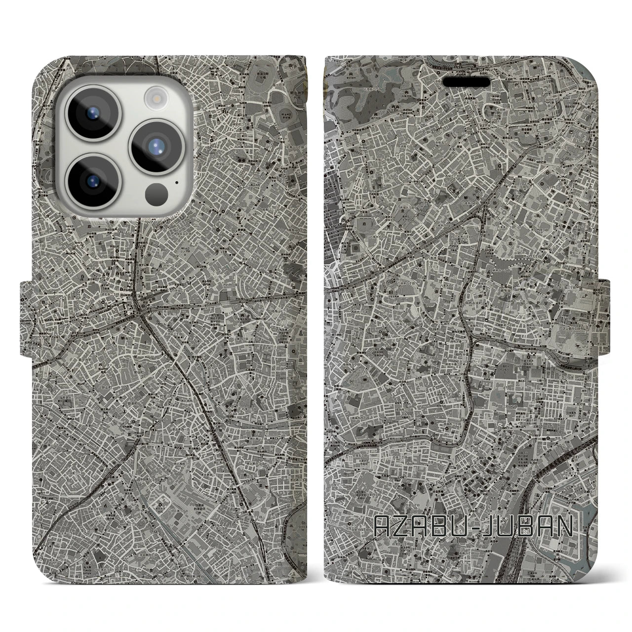 【麻布十番(東京都)】地図柄iPhoneケース(手帳タイプ)モノトーン・iPhone 15 Pro 用