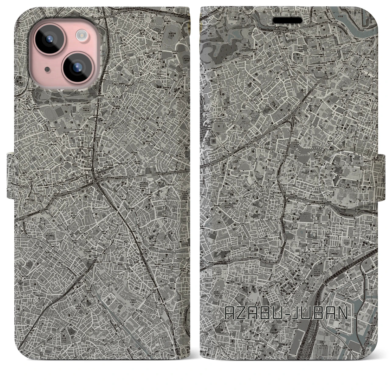 【麻布十番(東京都)】地図柄iPhoneケース(手帳タイプ)モノトーン・iPhone 15 Plus 用