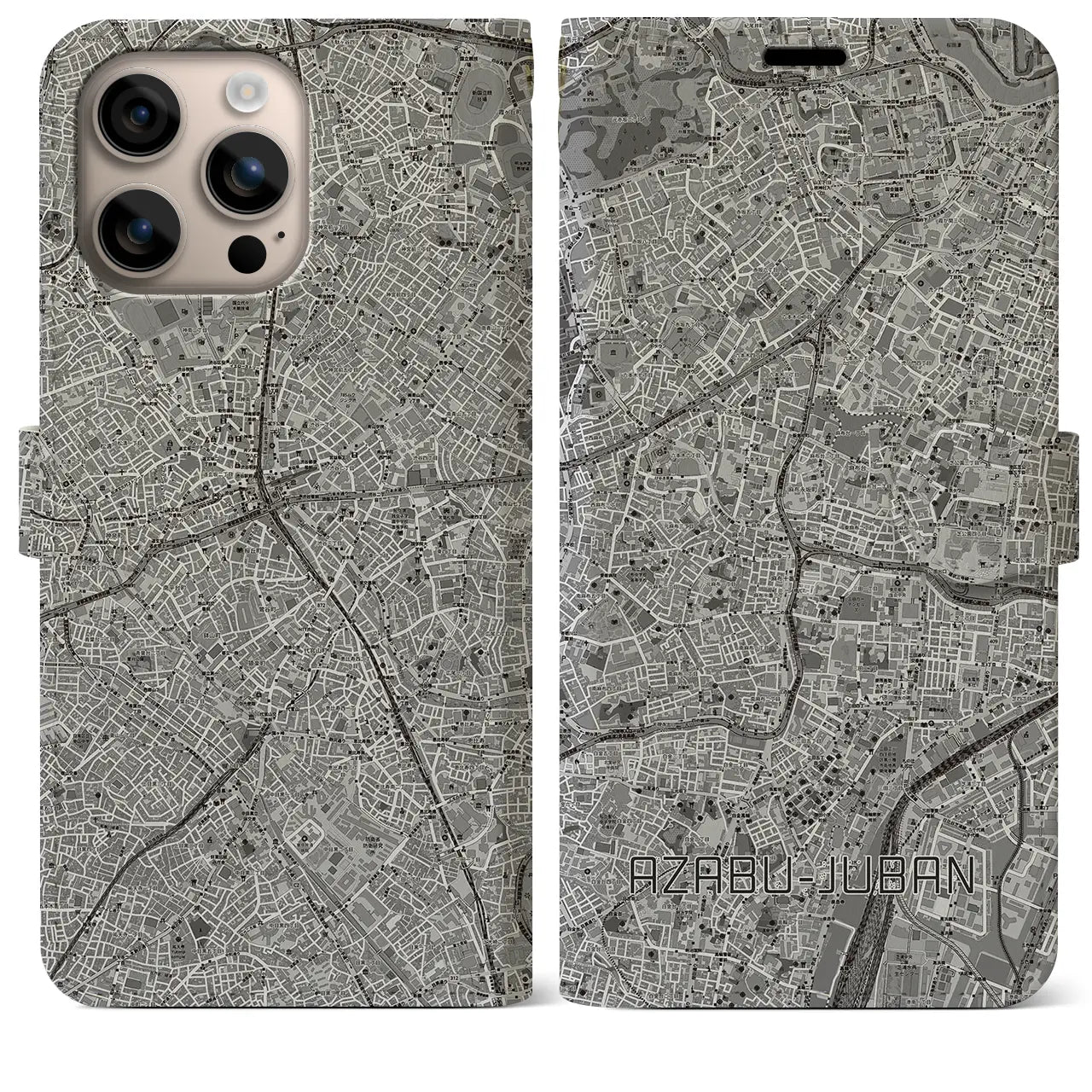 【麻布十番(東京都)】地図柄iPhoneケース(手帳タイプ)モノトーン・iPhone 16 Plus 用