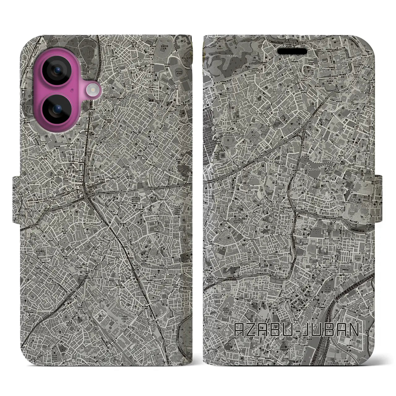 【麻布十番(東京都)】地図柄iPhoneケース(手帳タイプ)モノトーン・iPhone 16 Pro 用