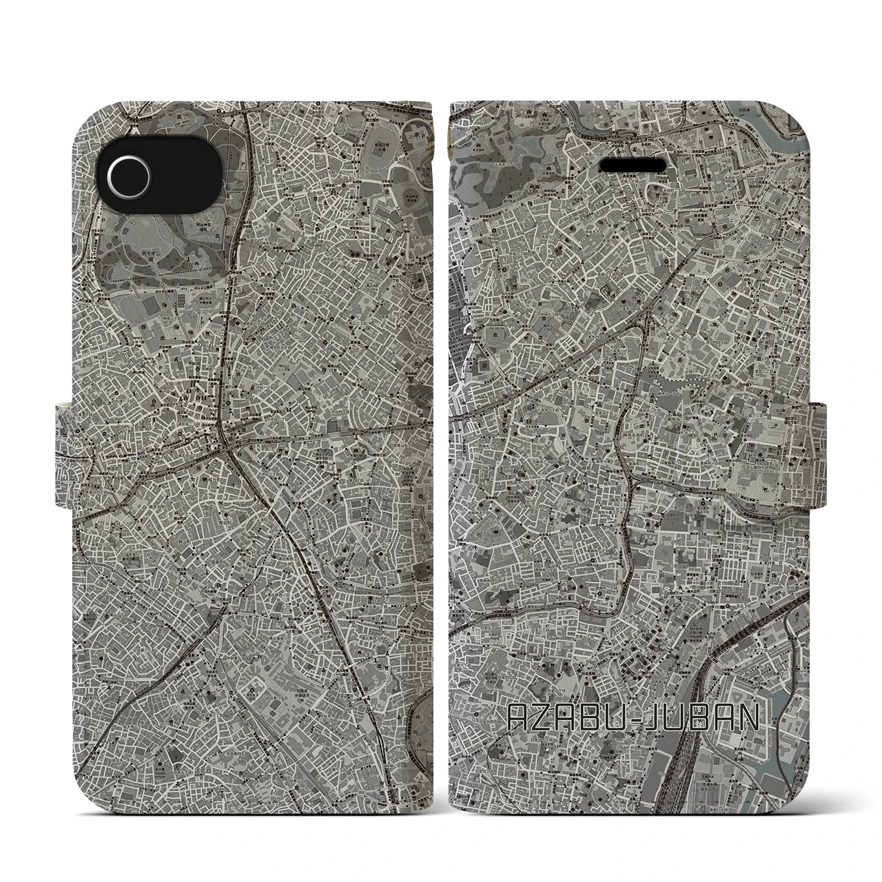 【麻布十番(東京都)】地図柄iPhoneケース(手帳タイプ)モノトーン・iPhone SE(第3 / 第2世代) / 8 / 7 / 6s / 6 用