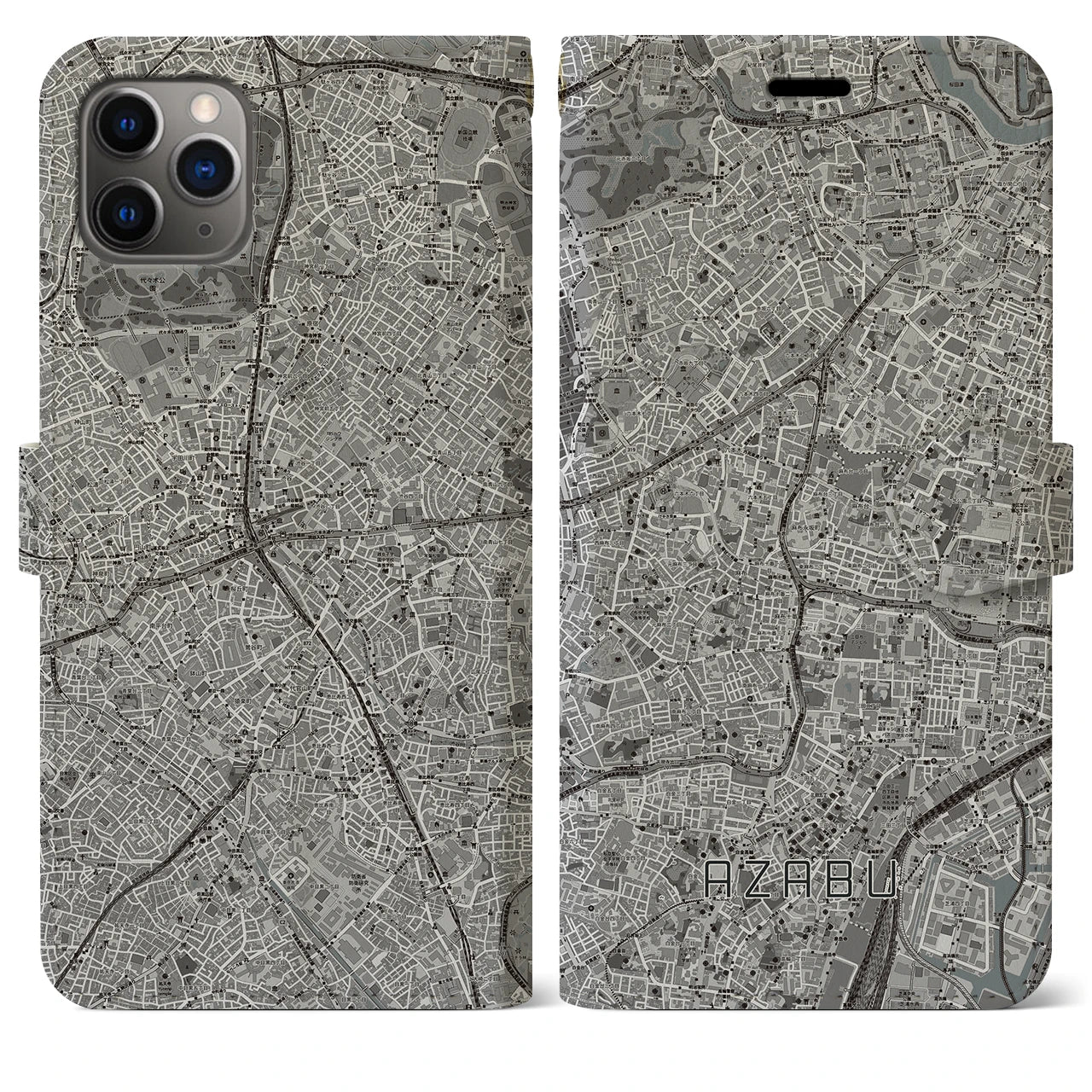 【麻布(東京都)】地図柄iPhoneケース(手帳タイプ)モノトーン・iPhone 11 Pro Max 用