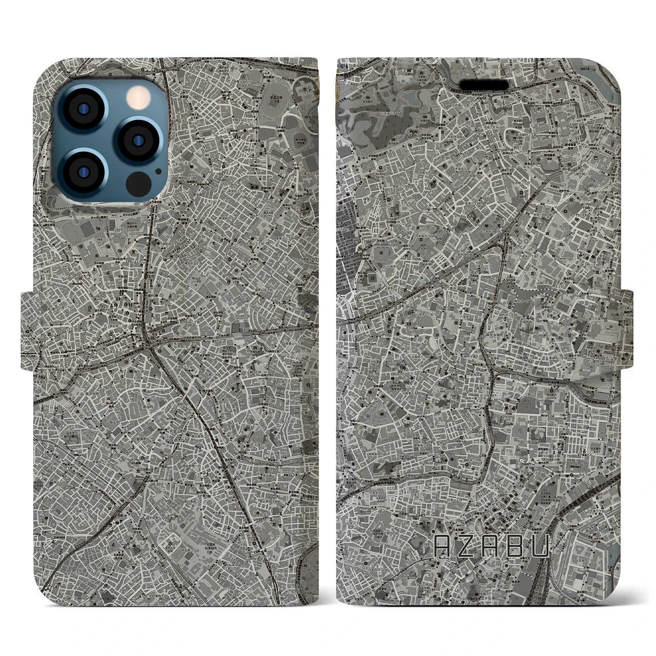 【麻布(東京都)】地図柄iPhoneケース(手帳タイプ)モノトーン・iPhone 12 / 12 Pro 用