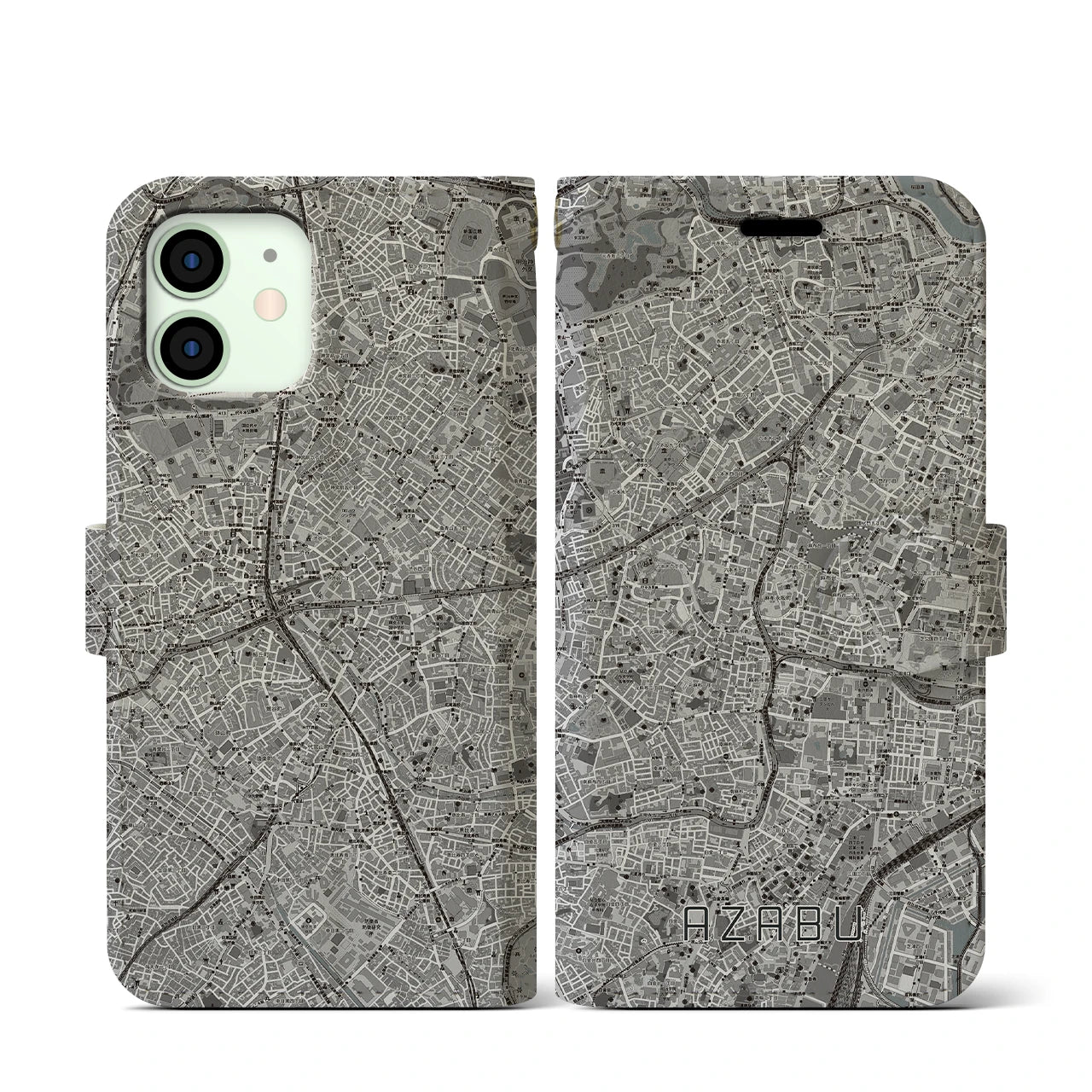 【麻布(東京都)】地図柄iPhoneケース(手帳タイプ)モノトーン・iPhone 12 mini 用