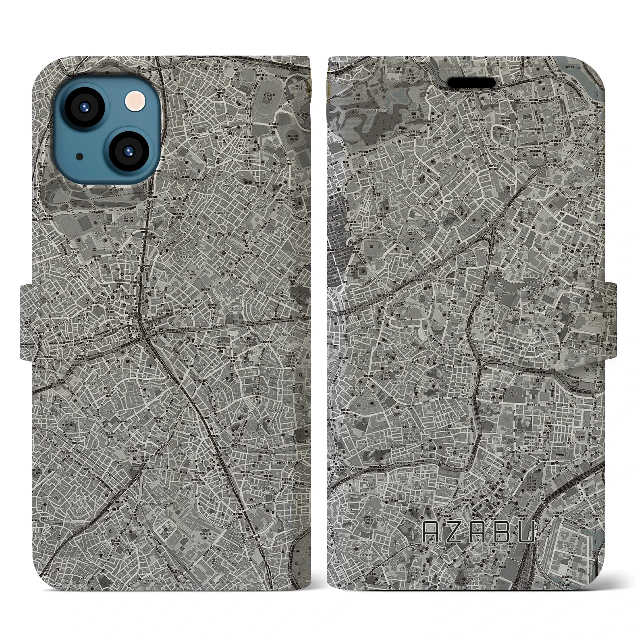 【麻布(東京都)】地図柄iPhoneケース(手帳タイプ)モノトーン・iPhone 13 用