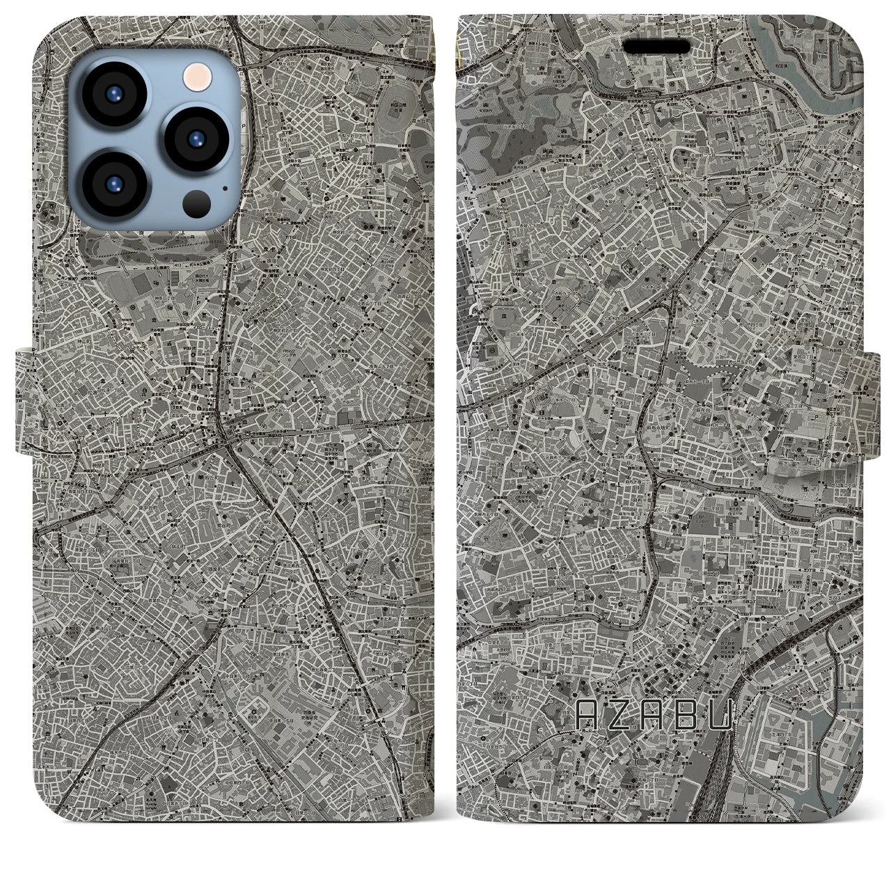 【麻布(東京都)】地図柄iPhoneケース(手帳タイプ)モノトーン・iPhone 13 Pro Max 用