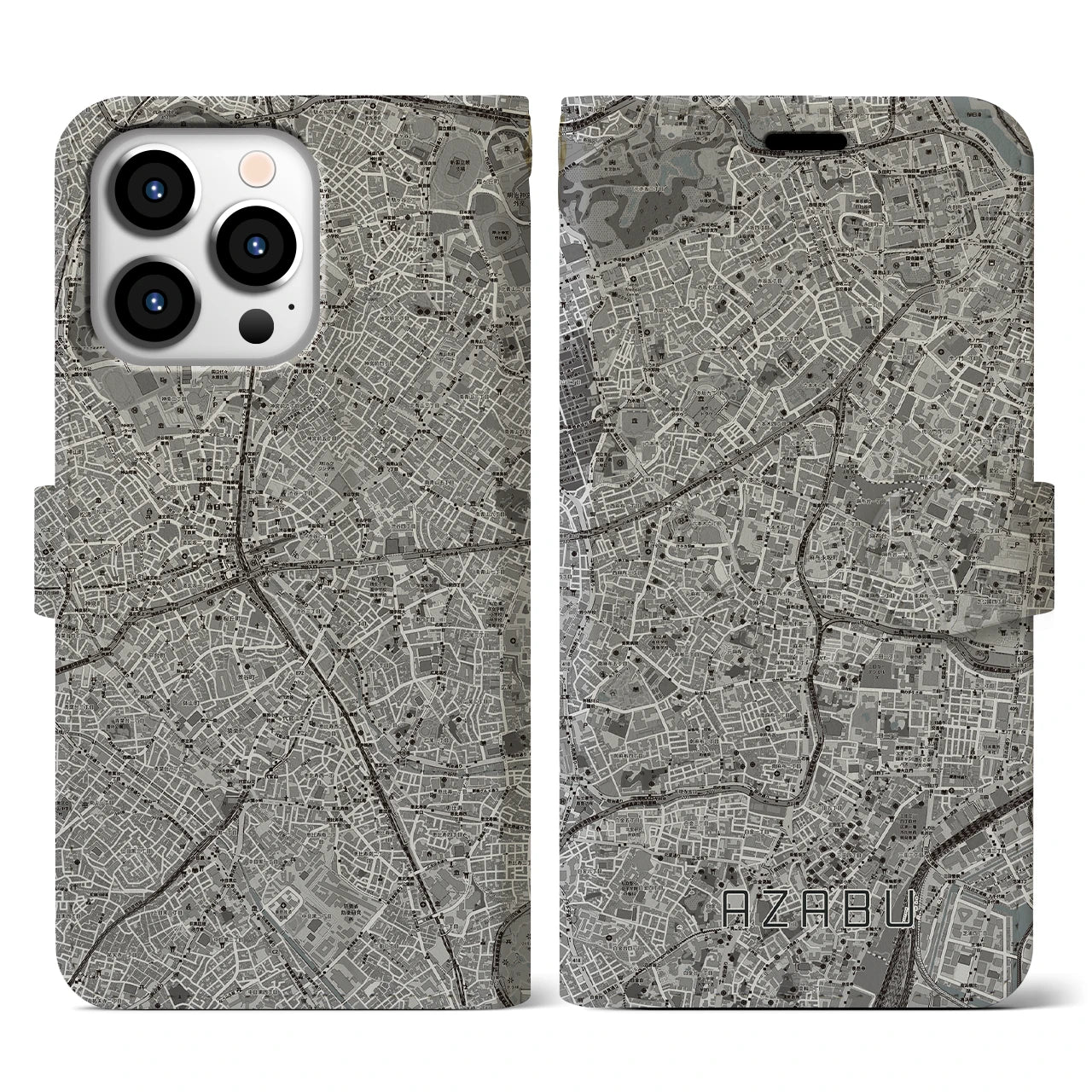 【麻布(東京都)】地図柄iPhoneケース(手帳タイプ)モノトーン・iPhone 13 Pro 用