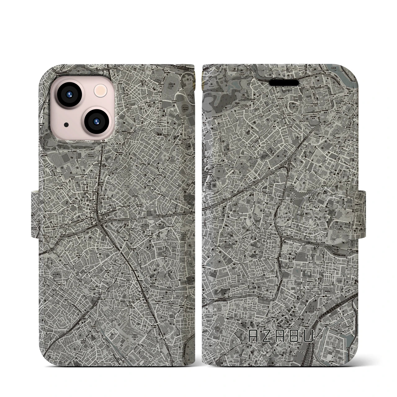 【麻布(東京都)】地図柄iPhoneケース(手帳タイプ)モノトーン・iPhone 13 mini 用